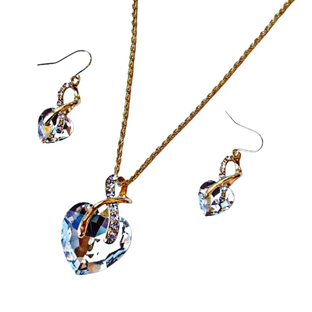 Clear Large Crystal Heart Necklace Pendant Earring Set Gold Rope Chain New 19$